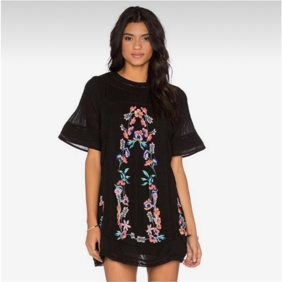 FREE PEOPLE Perfectly Victorian Dress XS Black Floral Embroidery Boho Southern - Picture 1 of 8